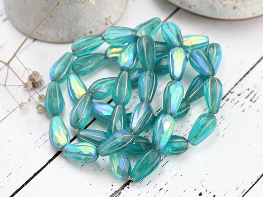 Czech Glass Faceted Tear Drop Beads - Silver Washed Matte Teal Aqua AB - 15x8mm - 10pcs - (255)