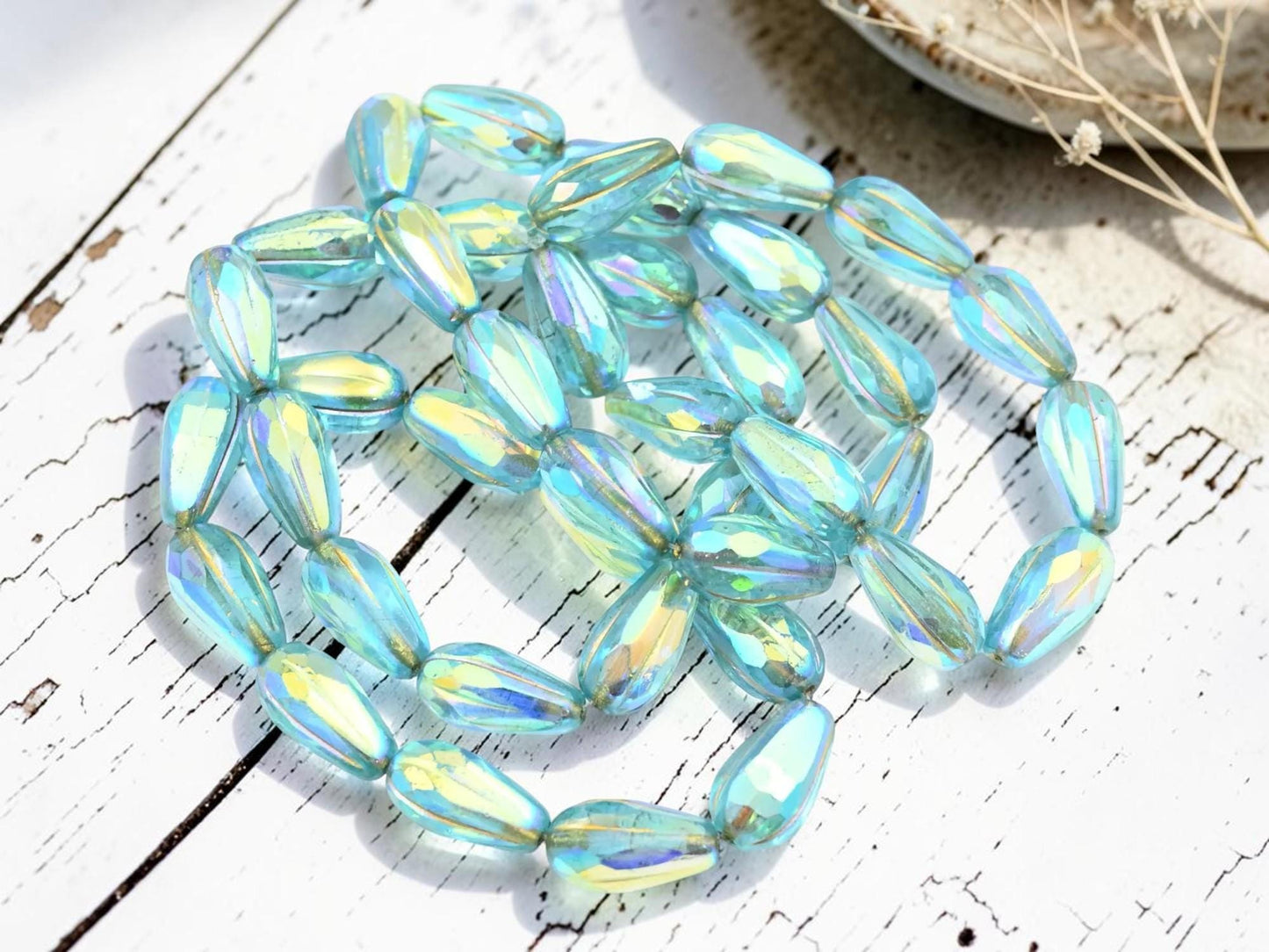 Czech Glass Faceted Tear Drop Beads - Gold Washed Aqua AB - 15x8mm - 10pcs - (565)