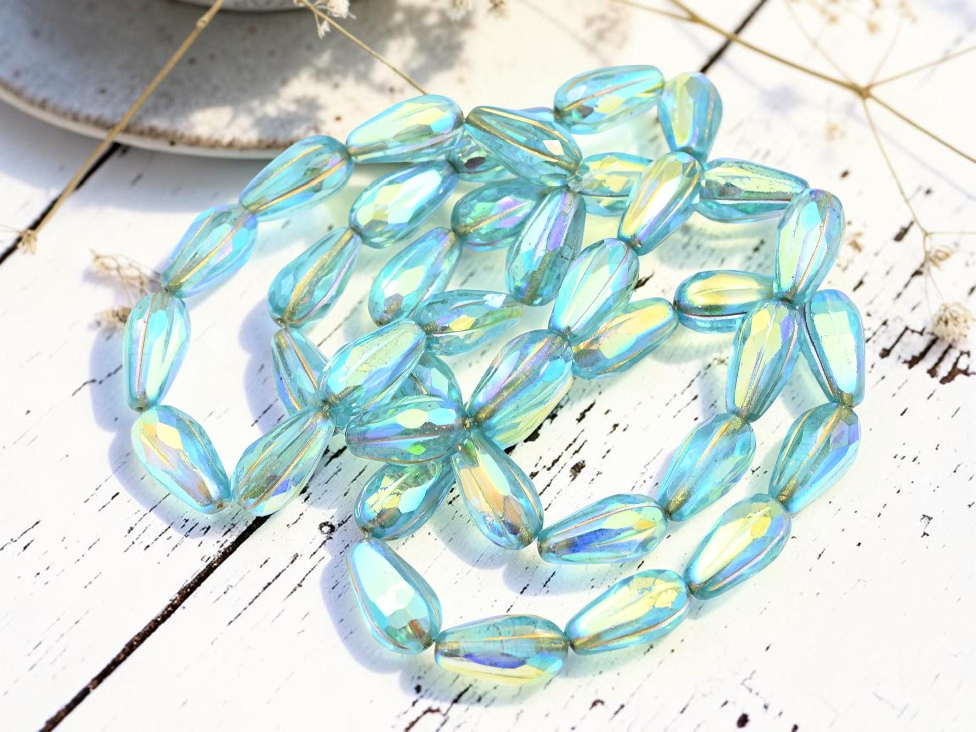 Czech Glass Faceted Tear Drop Beads - Gold Washed Aqua AB - 15x8mm - 10pcs - (565)