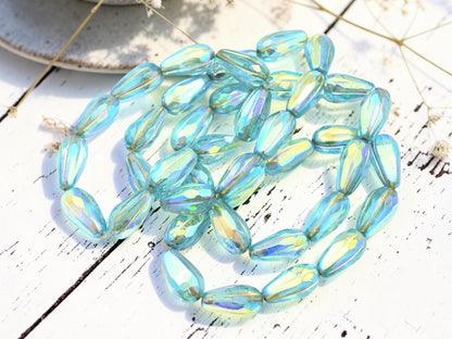 Czech Glass Faceted Tear Drop Beads - Gold Washed Aqua AB - 15x8mm - 10pcs - (565)