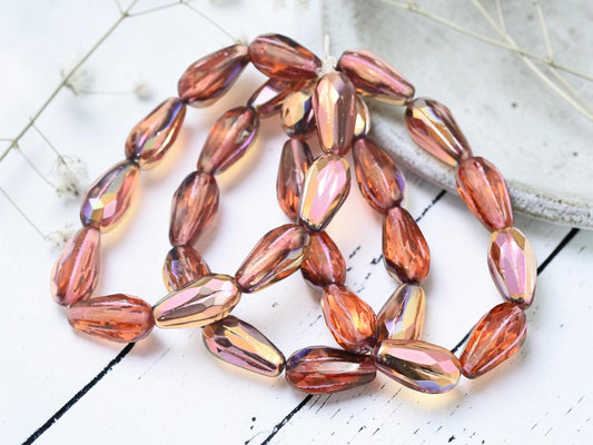 Czech Glass Faceted Tear Drop Beads - Copper Washed Orange Topaz - 15x8mm - 10pcs - (436)
