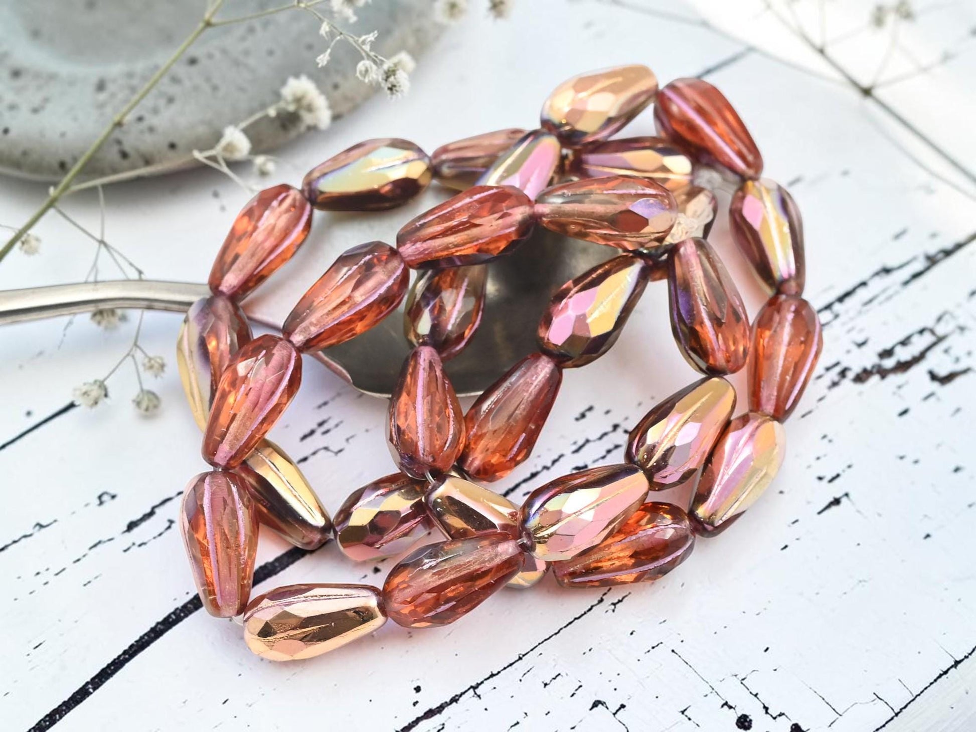 Czech Glass Faceted Tear Drop Beads - Copper Washed Orange Topaz - 15x8mm - 10pcs - (436)