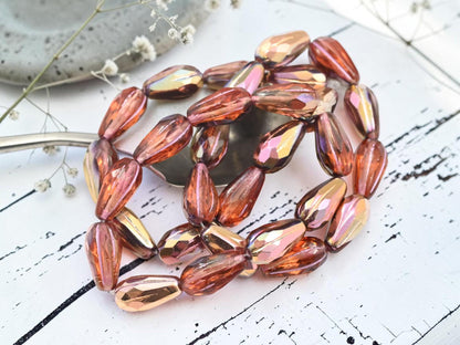 Czech Glass Faceted Tear Drop Beads - Copper Washed Orange Topaz - 15x8mm - 10pcs - (436)