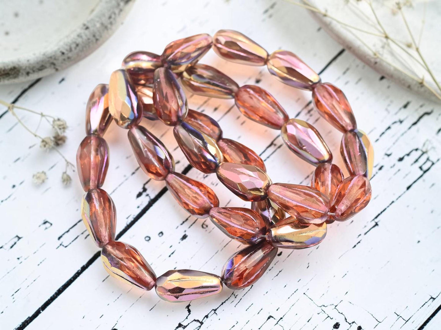 Czech Glass Faceted Tear Drop Beads - Copper Washed Orange Topaz - 15x8mm - 10pcs - (436)