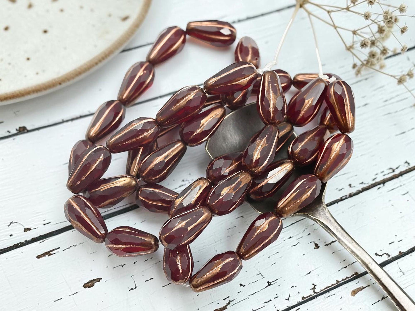 Czech Glass Faceted Tear Drop Beads - Copper Washed Ruby Red - 15x8mm - 10pcs - (324)