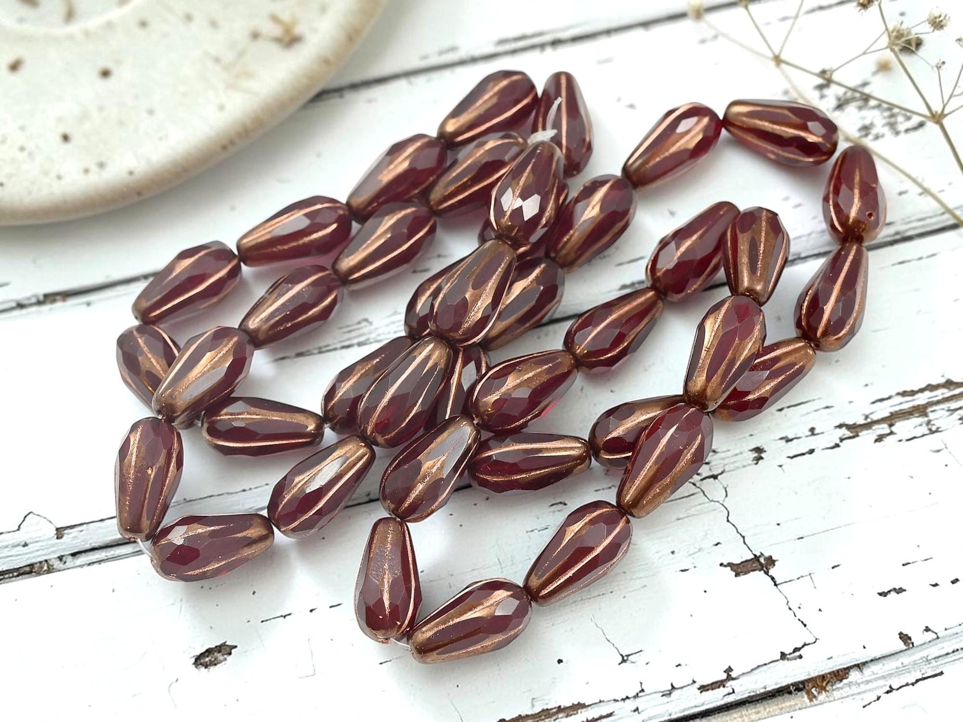 Czech Glass Faceted Tear Drop Beads - Copper Washed Ruby Red - 15x8mm - 10pcs - (324)