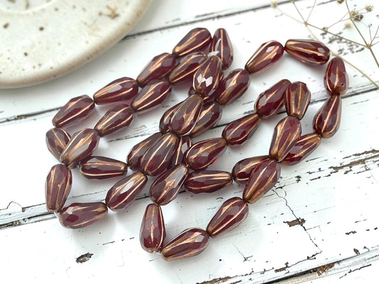 Czech Glass Faceted Tear Drop Beads - Copper Washed Ruby Red - 15x8mm - 10pcs - (324)