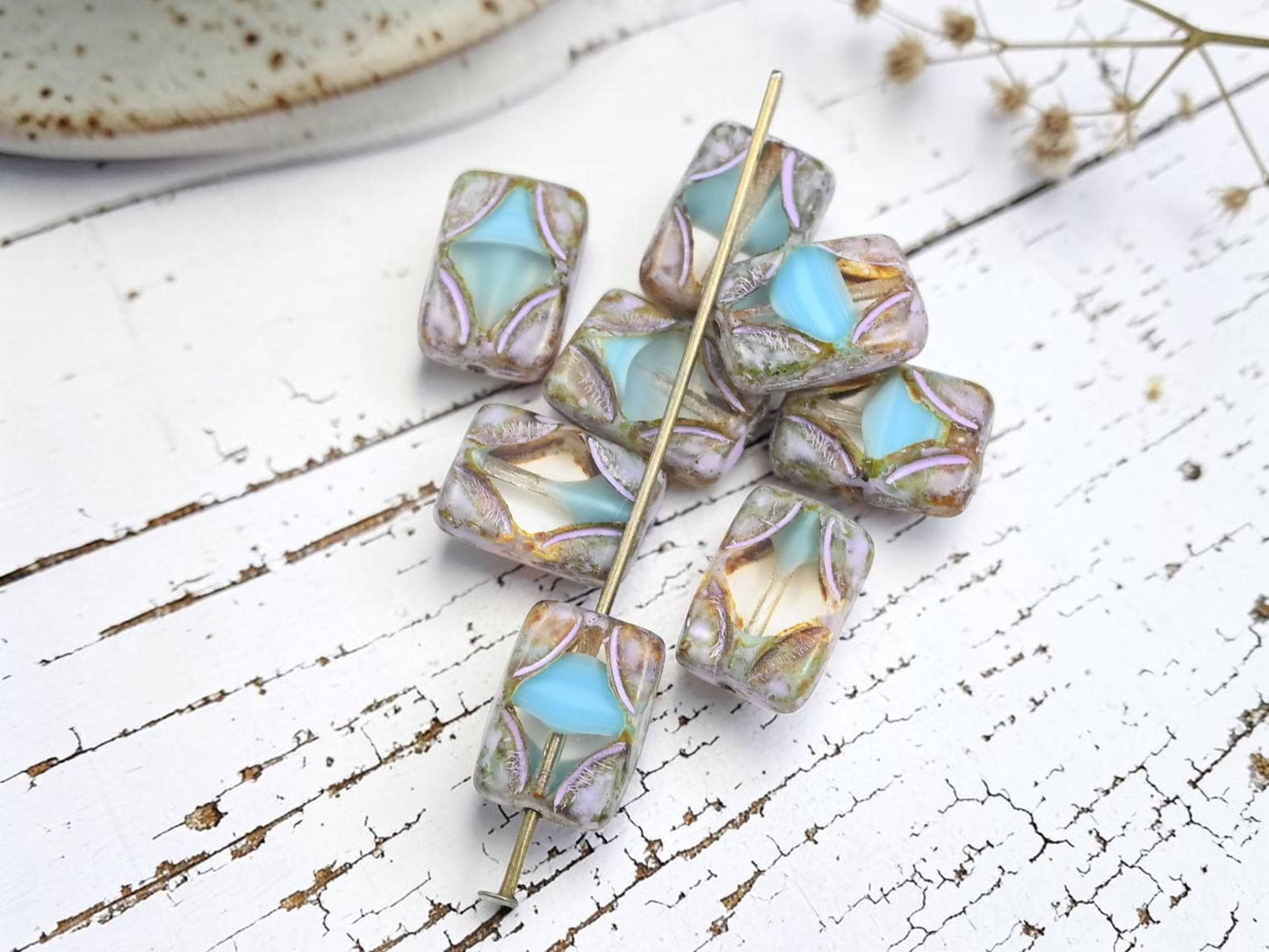 Czech Glass Diamond Rectangle Picasso Beads - Blue Silk Crystal Silver Travertine - 12x8mm - 8pcs - (2137)