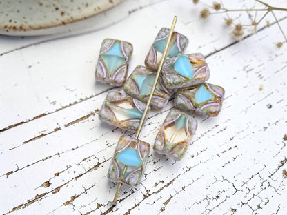 Czech Glass Diamond Rectangle Picasso Beads - Blue Silk Crystal Silver Travertine - 12x8mm - 8pcs - (2137)