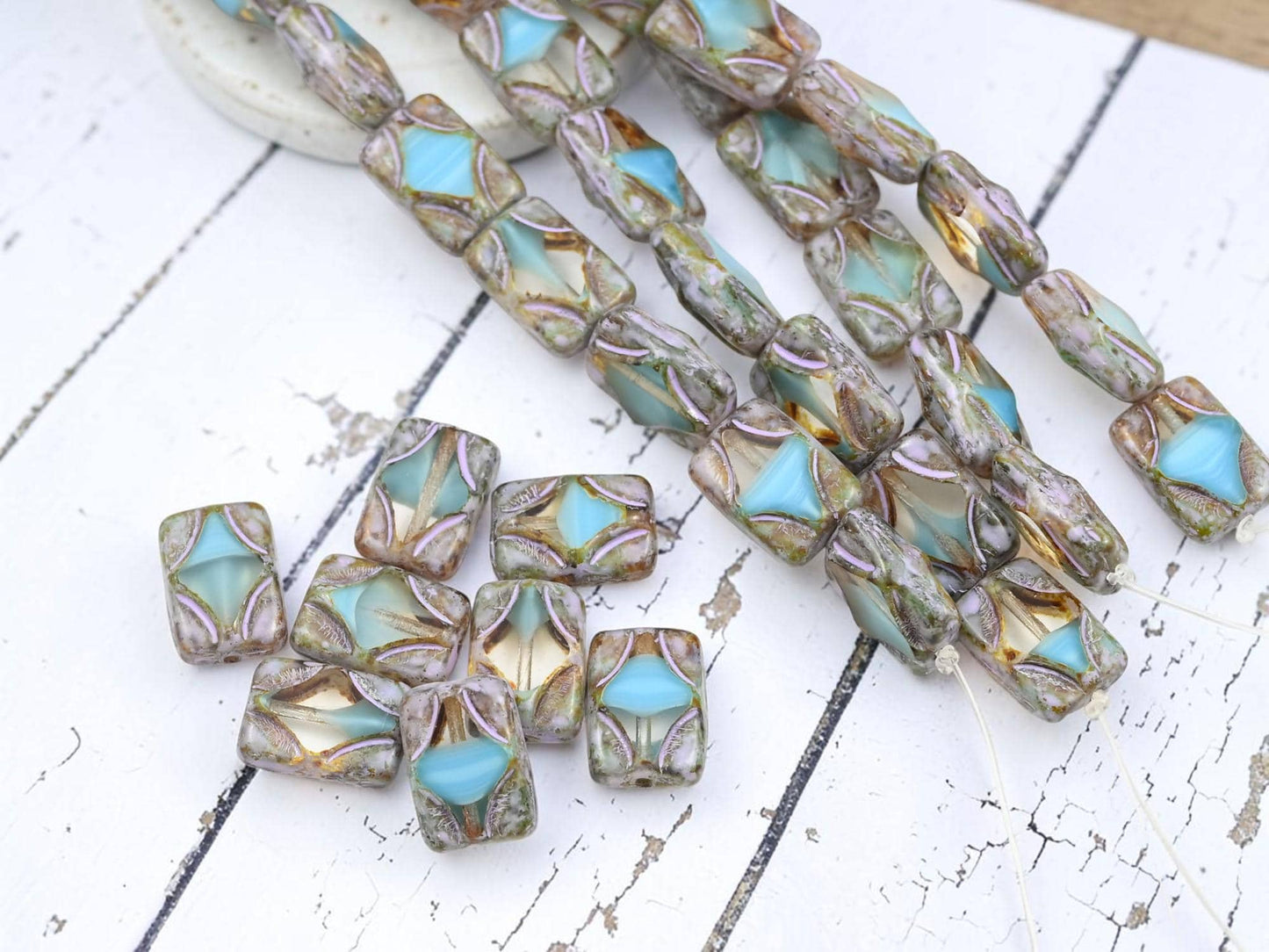 Czech Glass Diamond Rectangle Picasso Beads - Blue Silk Crystal Silver Travertine - 12x8mm - 8pcs - (2137)