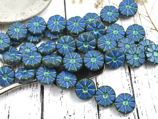 Czech Glass Table Cut Flat Coin Daisy Flower Beads - Turquoise Washed Blue - 12mm - 8pcs (2466)