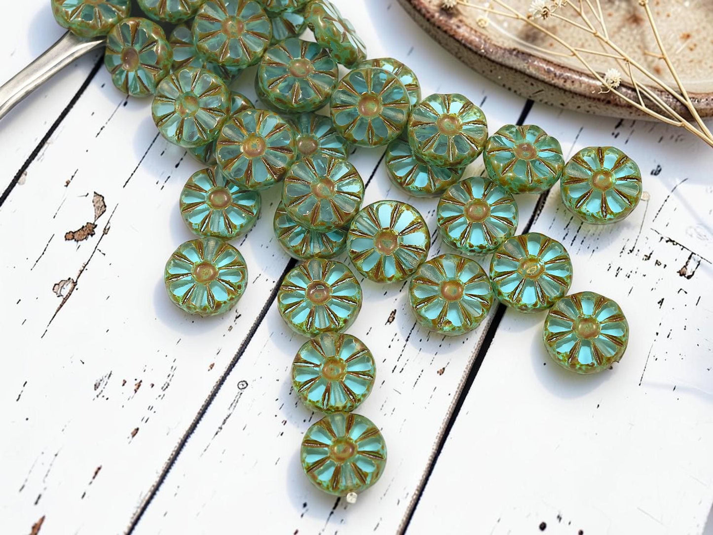Czech Glass Table Cut Flat Coin Daisy Flower Beads - Aqua Travertine - 12mm - 8pcs (278)