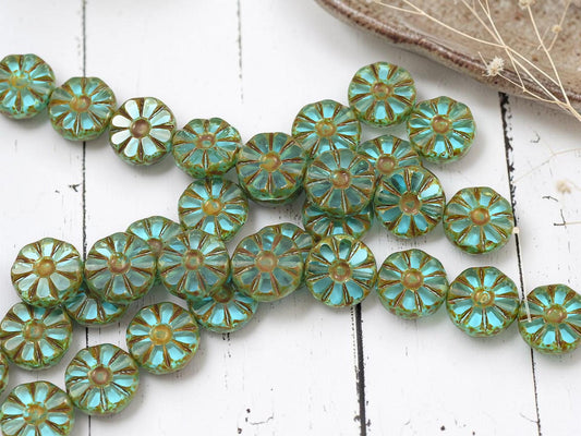 Czech Glass Table Cut Flat Coin Daisy Flower Beads - Aqua Travertine - 12mm - 8pcs (278)