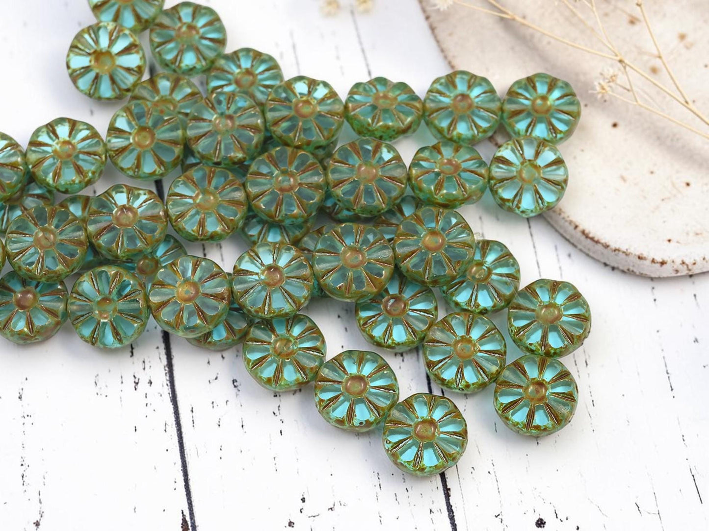 Czech Glass Table Cut Flat Coin Daisy Flower Beads - Aqua Travertine - 12mm - 8pcs (278)
