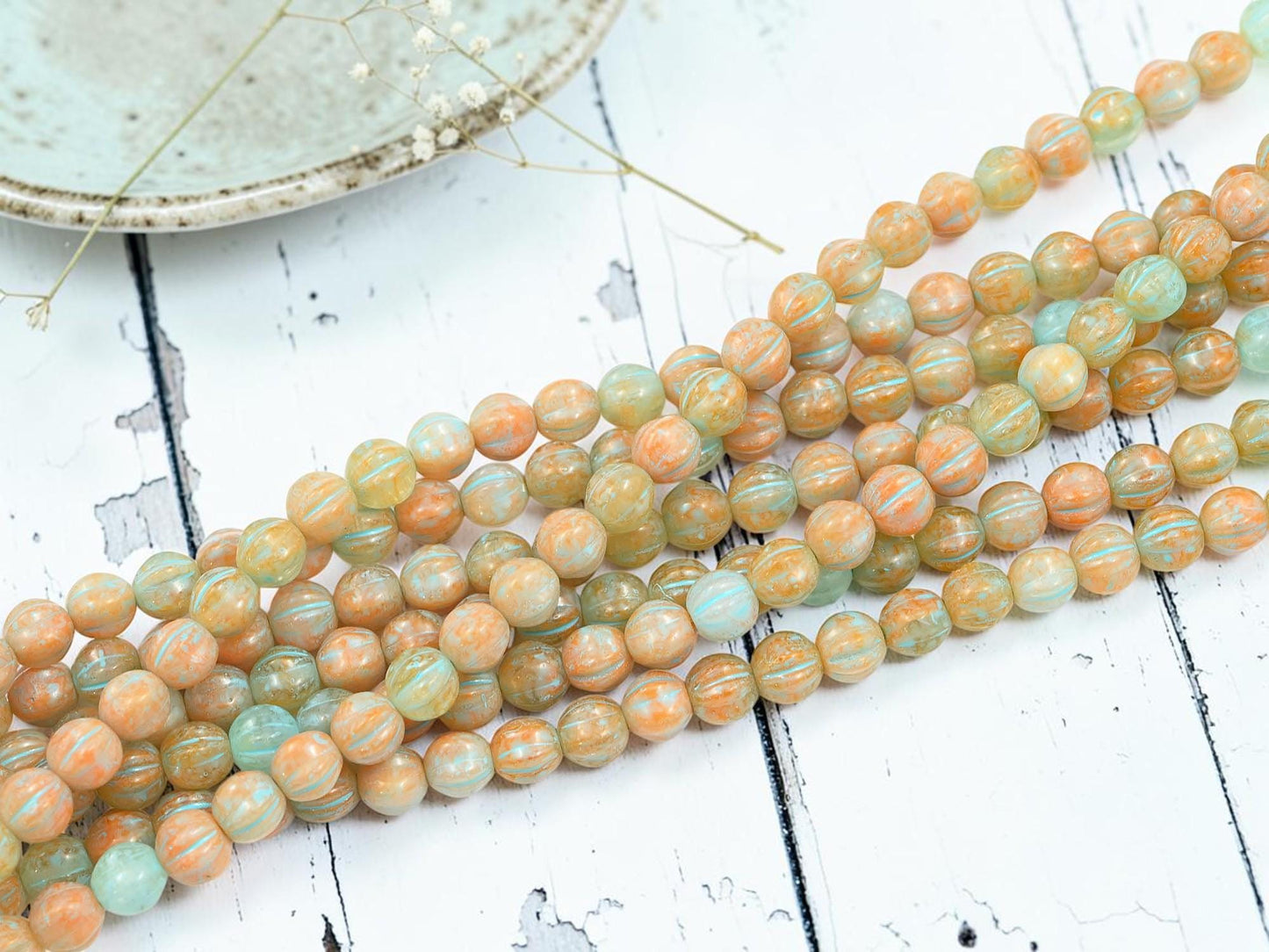 Czech Glass 6mm Round Melon Beads - Turquoise Washed Blended Tangerine + Blue - 25pcs - (2619)