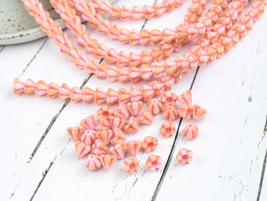 Czech Glass Small Bell Flower Beads - Pink Washed Blended Pink + White - 4x6mm - 30pcs - (3666)