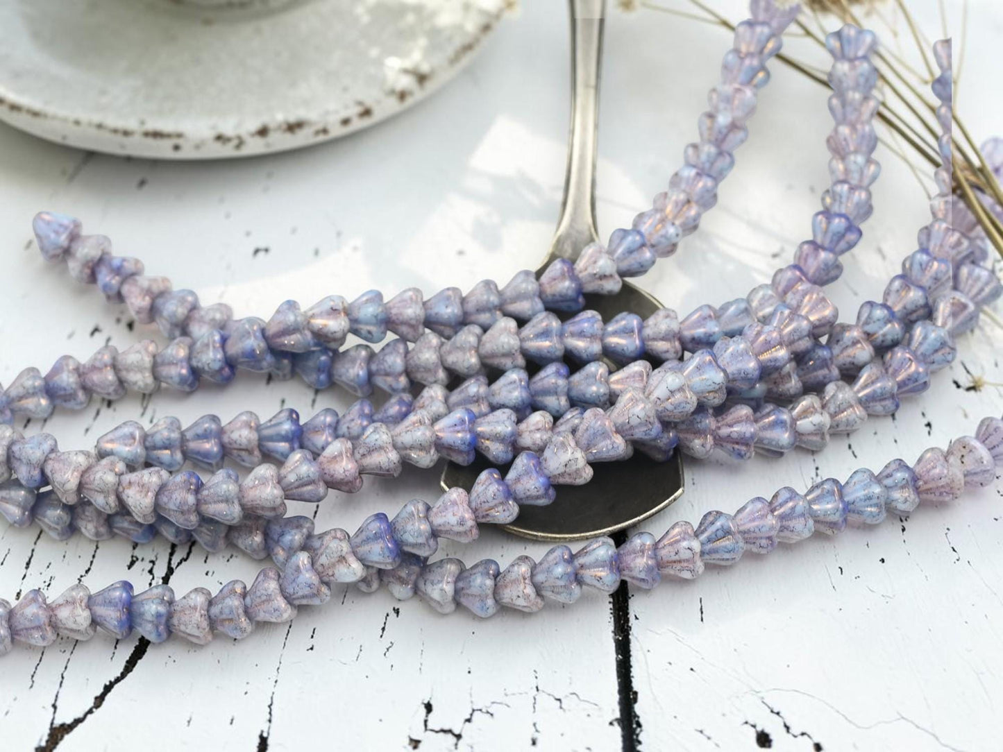 Czech Glass Small Bell Flower Beads - Purple Luster Washed Blended Blue + White - 4x6mm - 30pcs - (B190)
