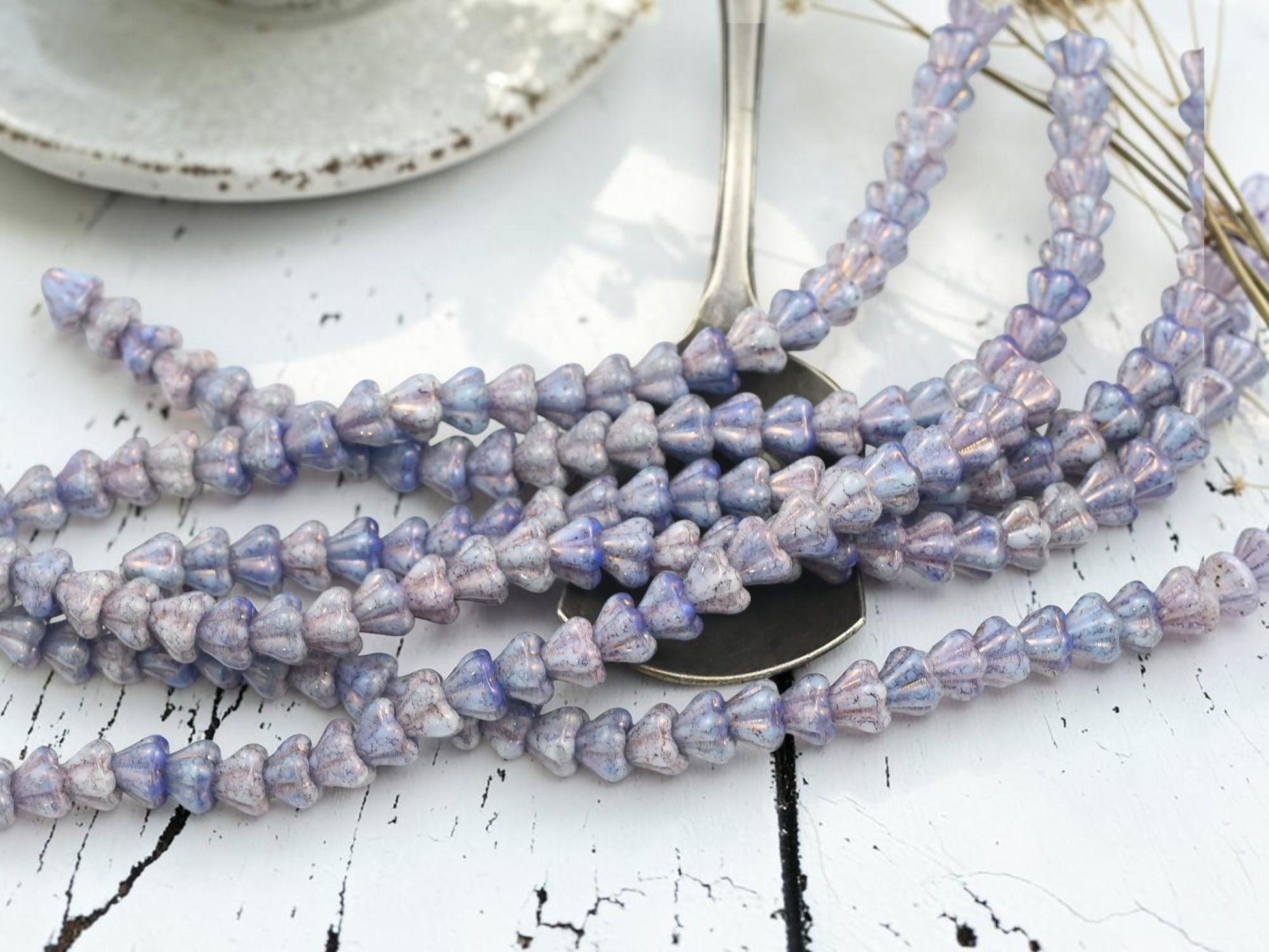 Czech Glass Small Bell Flower Beads - Purple Luster Washed Blended Blue + White - 4x6mm - 30pcs - (B190)