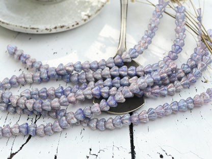 Czech Glass Small Bell Flower Beads - Purple Luster Washed Blended Blue + White - 4x6mm - 30pcs - (B190)