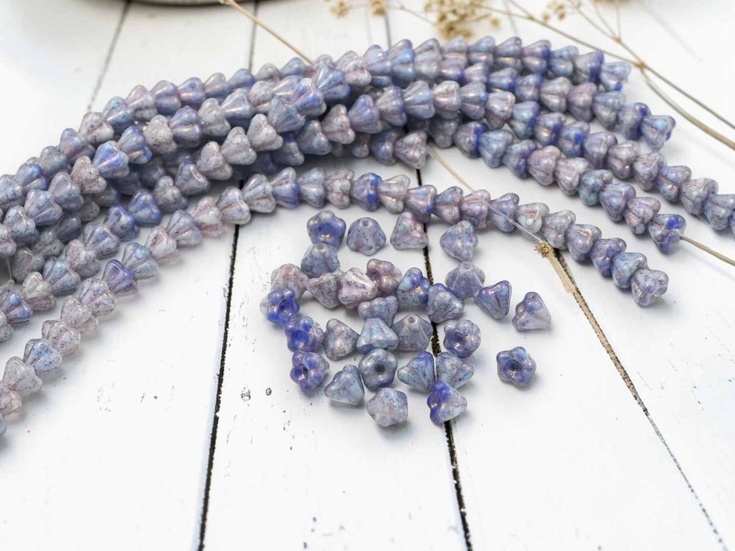 Czech Glass Small Bell Flower Beads - Purple Luster Washed Blended Blue + White - 4x6mm - 30pcs - (B190)