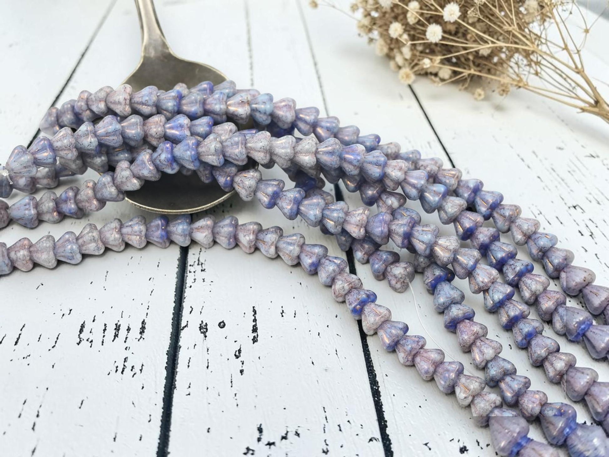 Czech Glass Small Bell Flower Beads - Purple Luster Washed Blended Blue + White - 4x6mm - 30pcs - (B190)