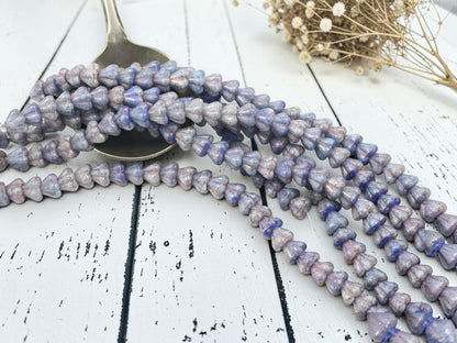 Czech Glass Small Bell Flower Beads - Purple Luster Washed Blended Blue + White - 4x6mm - 30pcs - (B190)