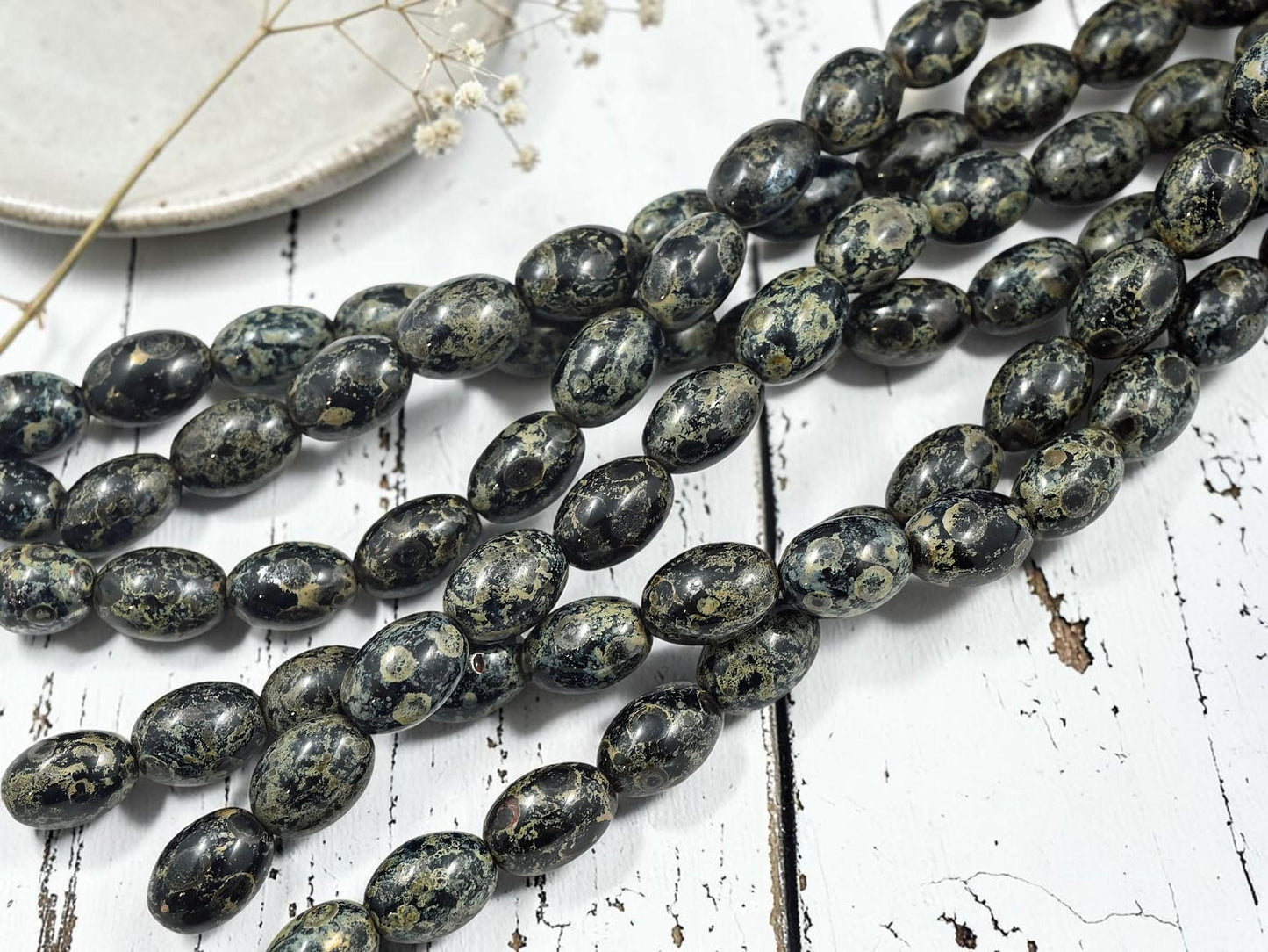 Old Stock Czech Pressed Glass Oval Rice Beads - Jet Black Picasso - 8x12mm - 12pcs Full Strand - (B996)