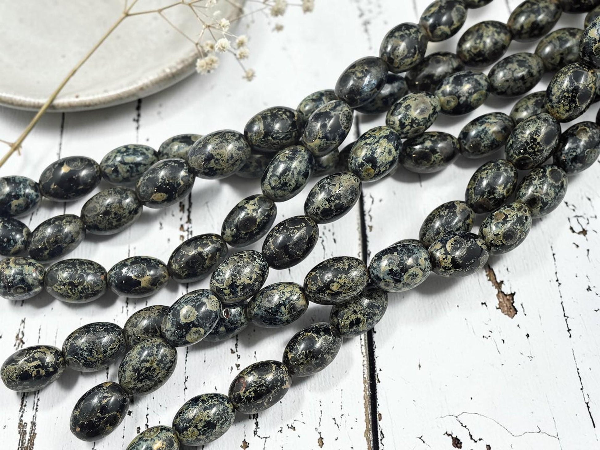 Old Stock Czech Pressed Glass Oval Rice Beads - Jet Black Picasso - 8x12mm - 12pcs Full Strand - (B996)