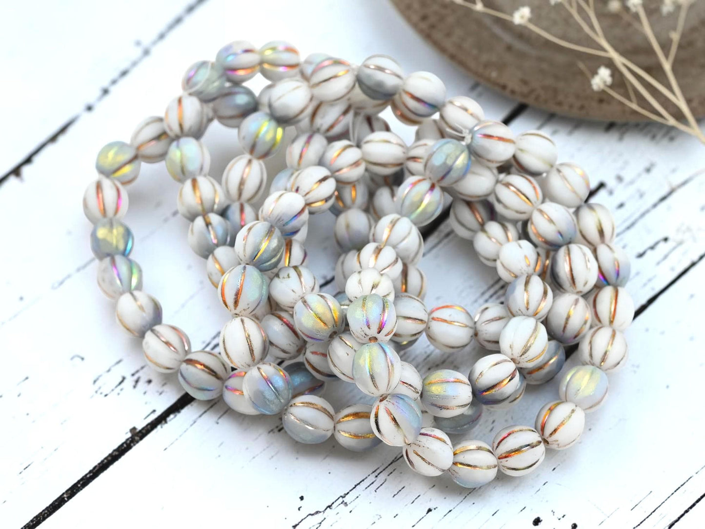 Czech Glass Round Melon Beads - Metallic Volcano Washed Matte White AB - 8mm - 20pcs - (A440)