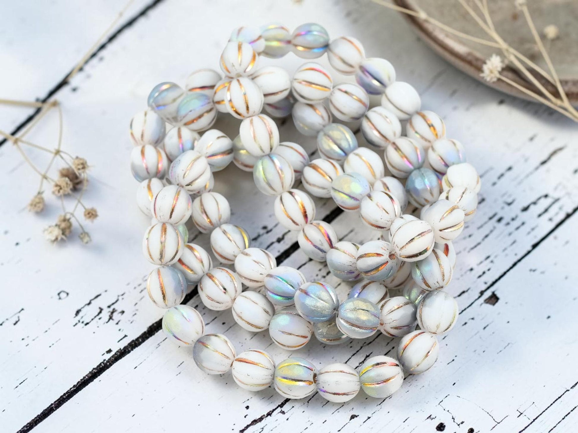 Czech Glass Round Melon Beads - Metallic Volcano Washed Matte White AB - 8mm - 20pcs - (A440)
