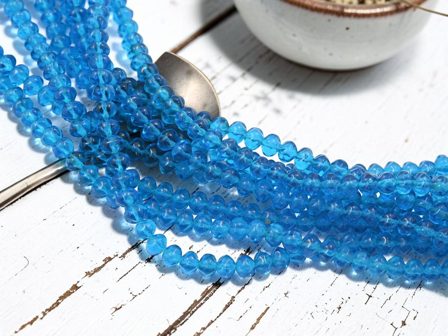 Old Stock Czech Glass Twisted Rondelle Spacer Beads - Capri Blue - 6x4mm - 8" Strand - (A99)