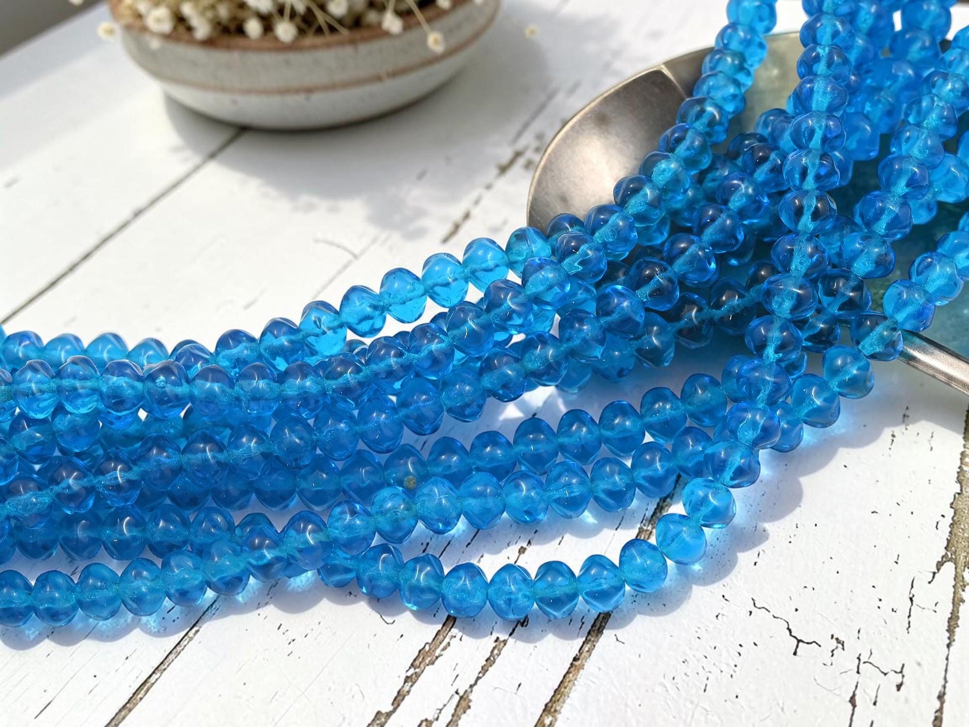Old Stock Czech Glass Twisted Rondelle Spacer Beads - Capri Blue - 6x4mm - 8" Strand - (A99)