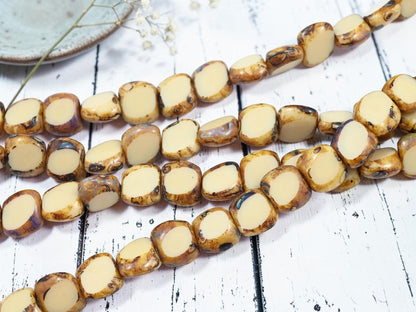 Czech Glass Old Stock Table Cut Picasso Beads - Opaque Beige Travertine - 14pcs - 13x15mm - (757)