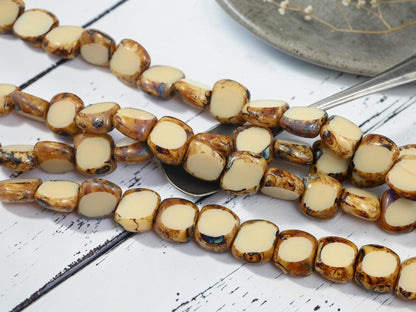Czech Glass Old Stock Table Cut Picasso Beads - Opaque Beige Travertine - 14pcs - 13x15mm - (757)