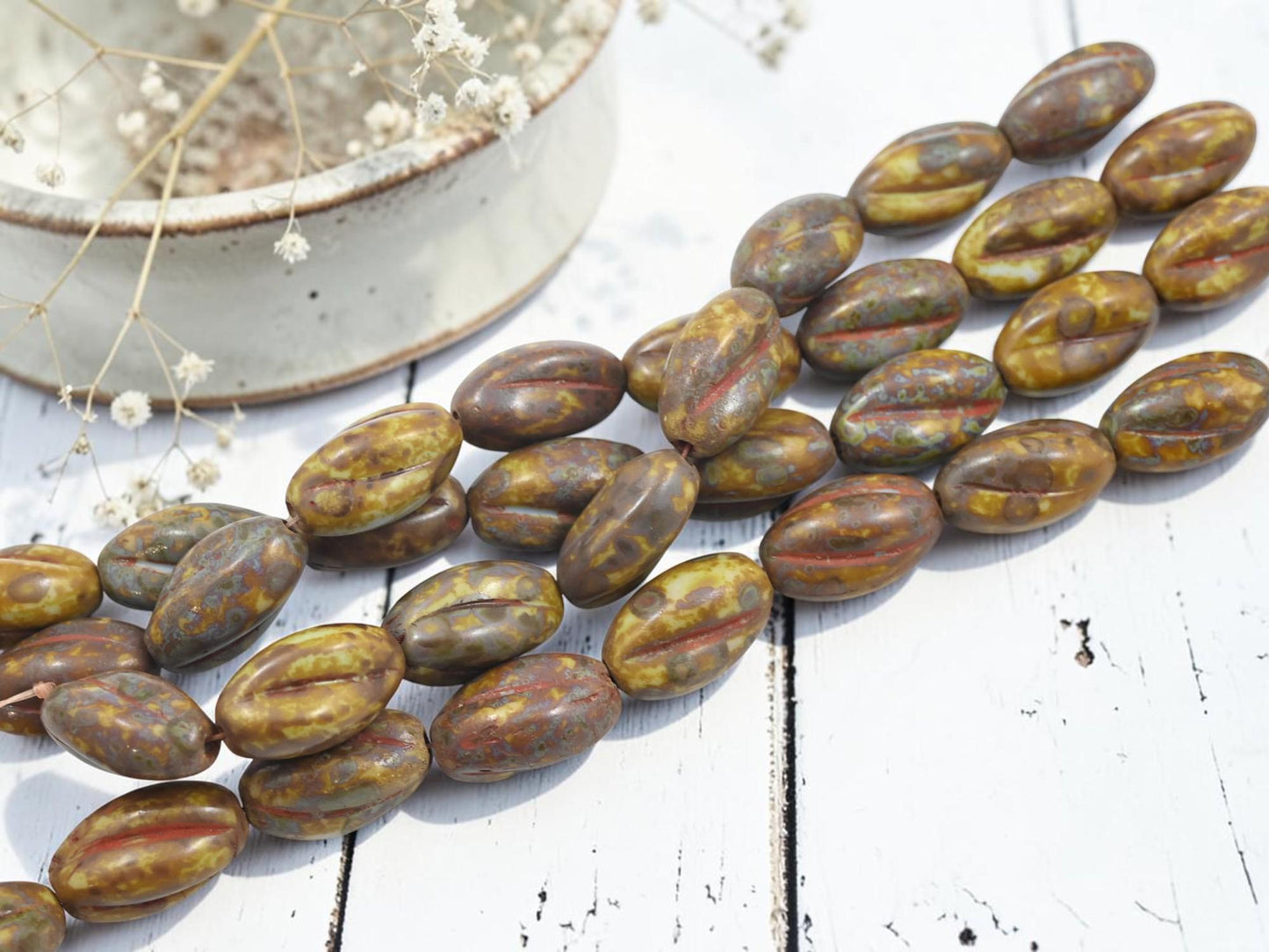 Vintage German Glass Picasso Beads - Yellow Khaki Travertine - 19x11mm - 8pcs - (623)