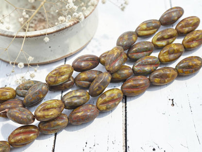 Vintage German Glass Picasso Beads - Yellow Khaki Travertine - 19x11mm - 8pcs - (623)