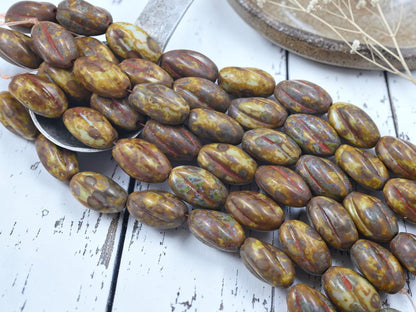 Vintage German Glass Picasso Beads - Yellow Khaki Travertine - 19x11mm - 8pcs - (623)