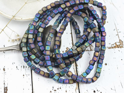 Czech Glass Cube Beads - Etched Blue Purple Iris - 4mm - 40pcs - (2509)