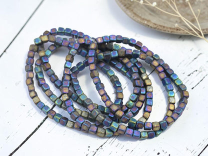 Czech Glass Cube Beads - Etched Blue Purple Iris - 4mm - 40pcs - (2509)