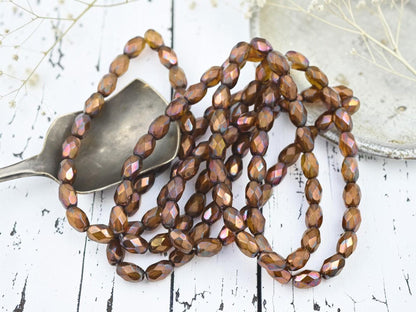 Czech Glass Fire Polished Faceted Oval Beads - Bronze Washed Burnt Orange - 5x7mm - 20pcs (2157)