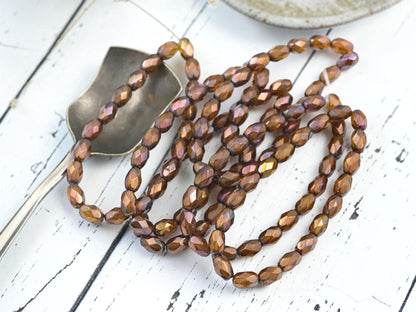 Czech Glass Fire Polished Faceted Oval Beads - Bronze Washed Burnt Orange - 5x7mm - 20pcs (2157)