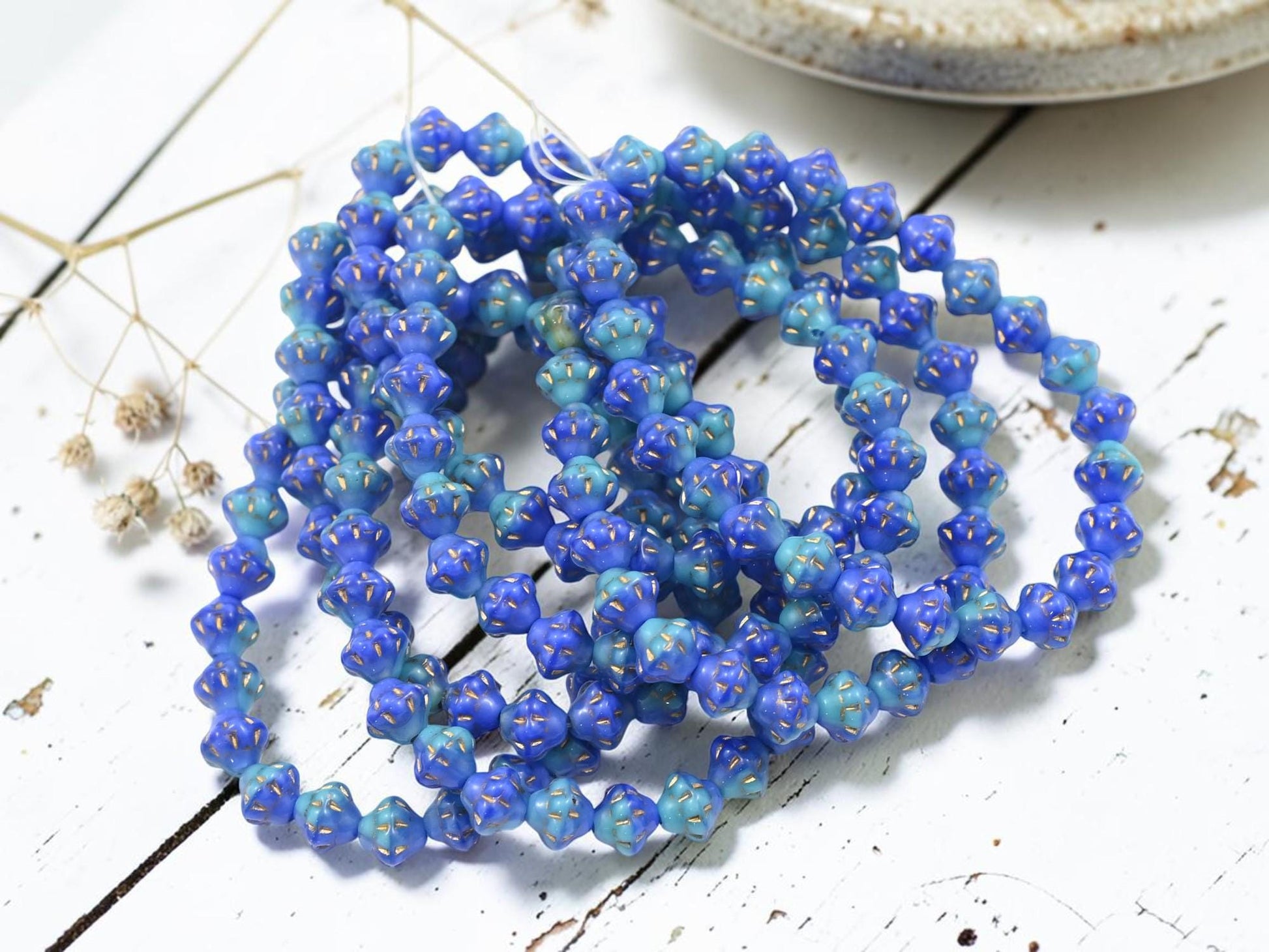 Czech Pressed Glass Small Saturn Saucer Beads - Gold Washed Blue + Turquoise - 25pcs - 6mm - (4467)