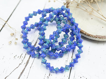Czech Pressed Glass Small Saturn Saucer Beads - Gold Washed Blue + Turquoise - 25pcs - 6mm - (4467)