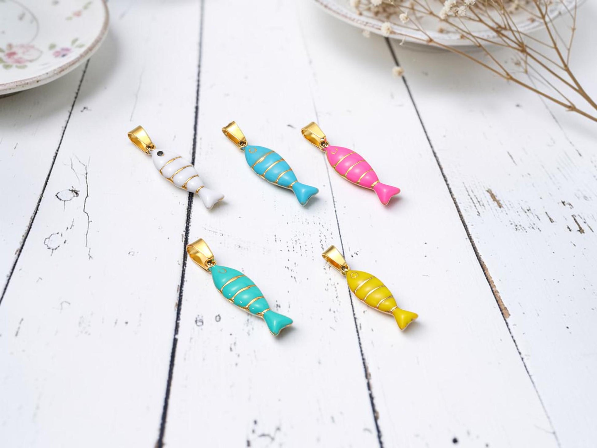Gold Plated Stainless Steel Enamel Metal Fish Charm Pendants - 22x7mm - 2pcs - Choose Your Color