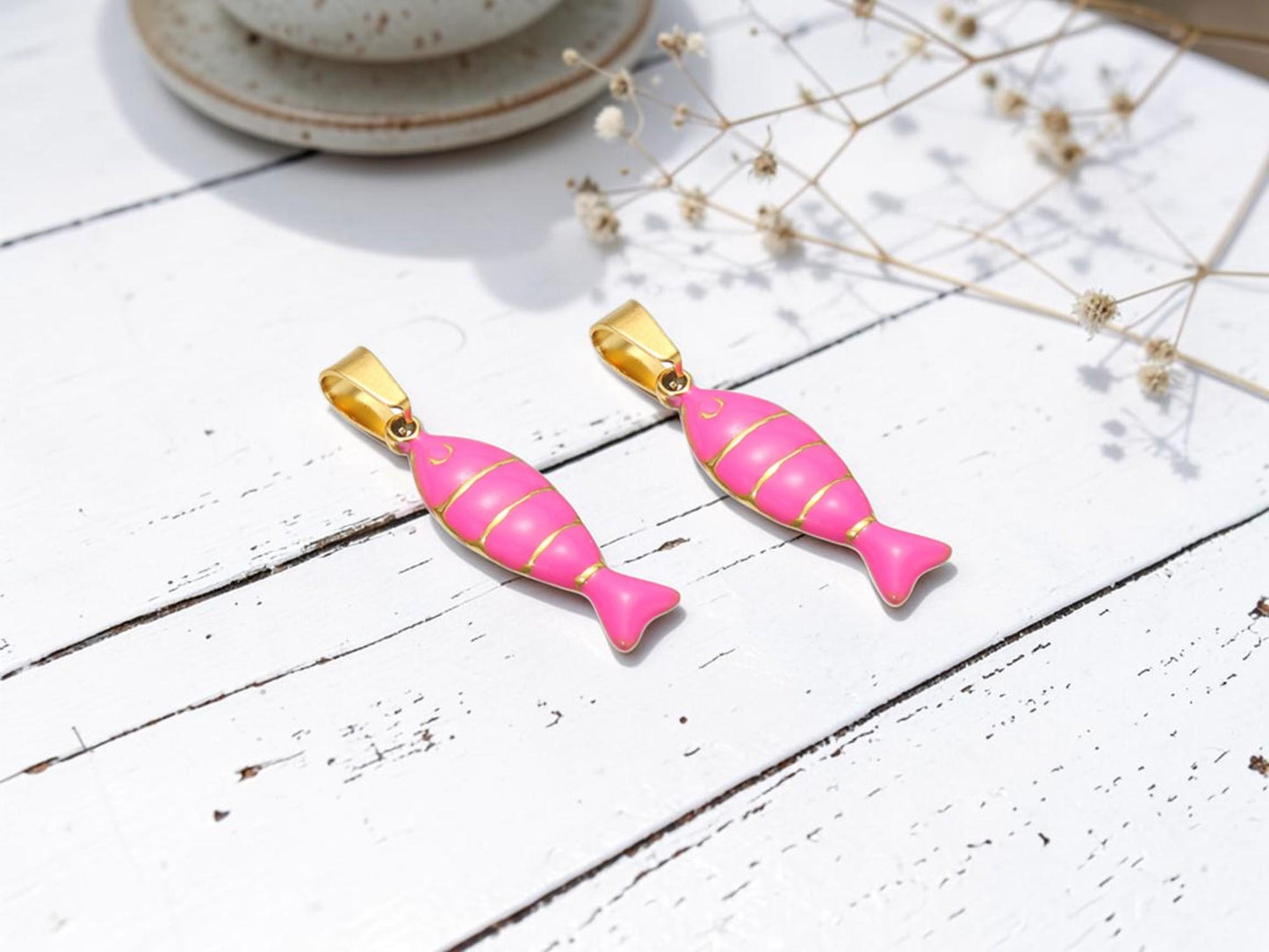 Gold Plated Stainless Steel Enamel Metal Fish Charm Pendants - 22x7mm - 2pcs - Choose Your Color