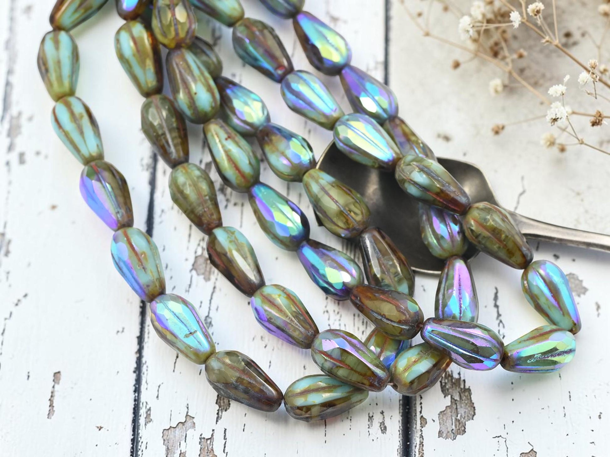 Czech Glass Faceted Tear Drop Beads - Blended Turquoise Topaz Picasso AB - 15x8mm - 15pcs - (2825)