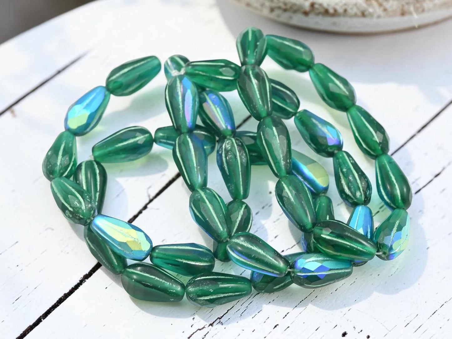 Czech Glass Faceted Tear Drop Beads - Green Washed Matte Emerald AB - 15x8mm - 10pcs - (2199)