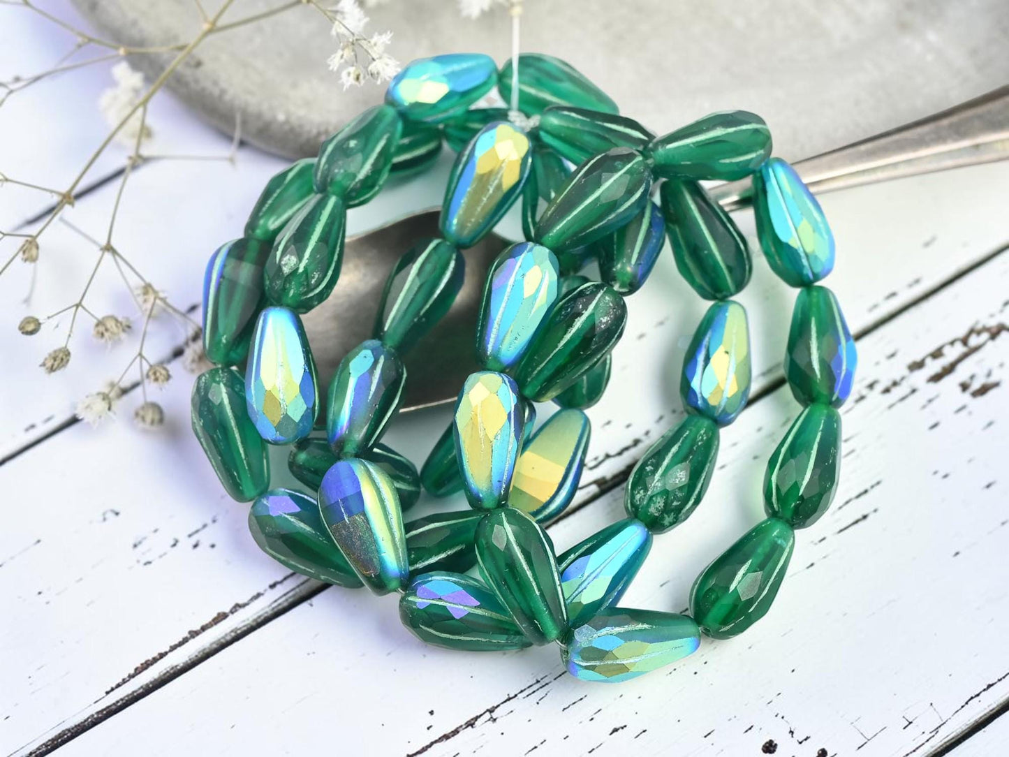 Czech Glass Faceted Tear Drop Beads - Green Washed Matte Emerald AB - 15x8mm - 10pcs - (2199)