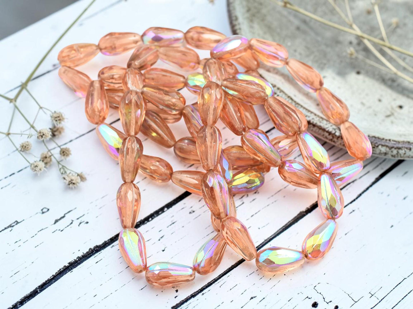 Czech Glass Faceted Tear Drop Beads - Platinum Washed Peach AB - 15x8mm - 10pcs - (B747)