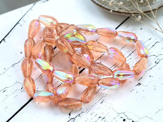 Czech Glass Faceted Tear Drop Beads - Platinum Washed Peach AB - 15x8mm - 10pcs - (B747)